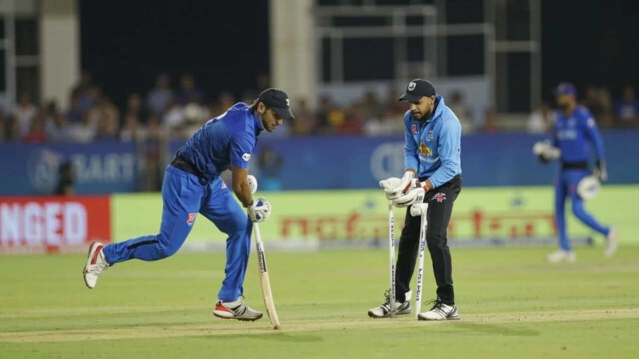 India fielders running a slip-catching drill near the stumps, with the batter and pitch visible in the foreground, daylight training session