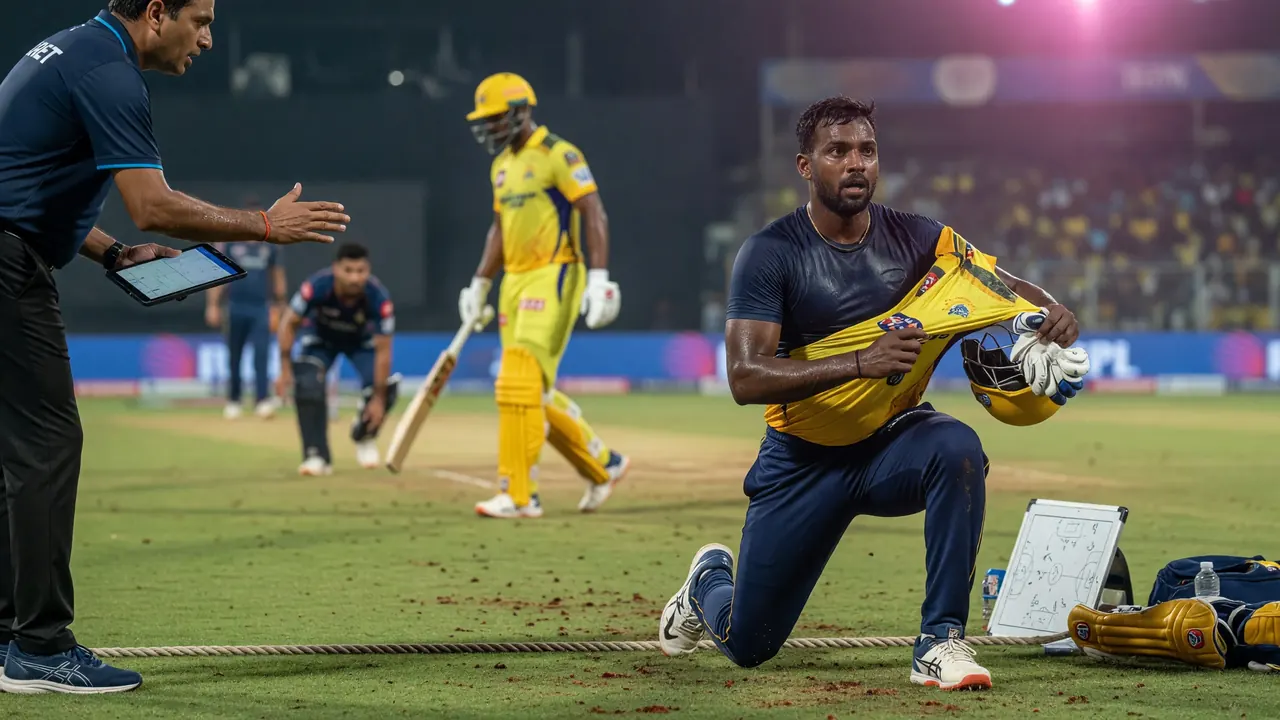 Close sideline action of a batter driving through the off side under stadium lights during a night T20 match