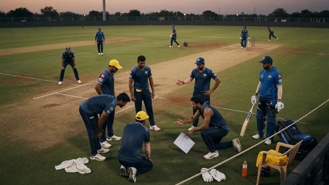 Medium shot of fielders and a bowler setting positions on a T20 pitch while a batter waits at the crease