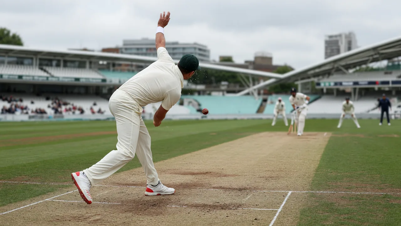 A fast bowler in full delivery stride on a Test match pitch at The Oval, front arm raised and ball just released