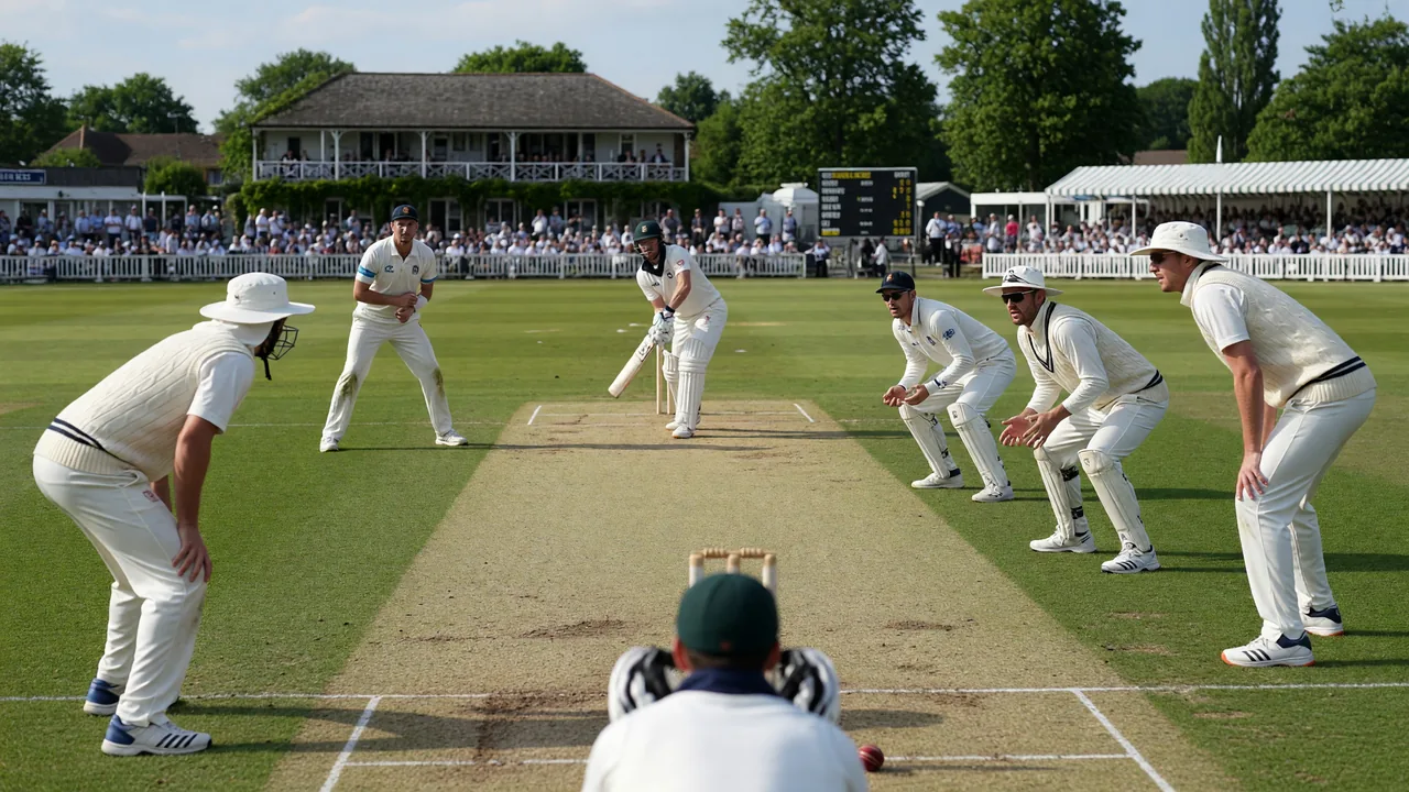 A slip cordon and gully set behind the stumps during a Test match, with the pitch and batter visible at the far end